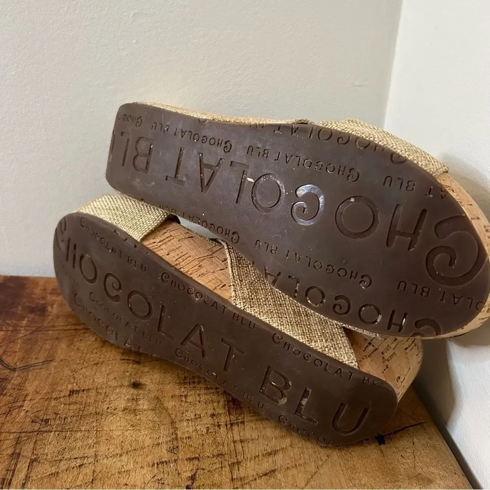 Chocolat Blu Melissa Cork Wedge Sandals Sand Cross Straps Women's 10